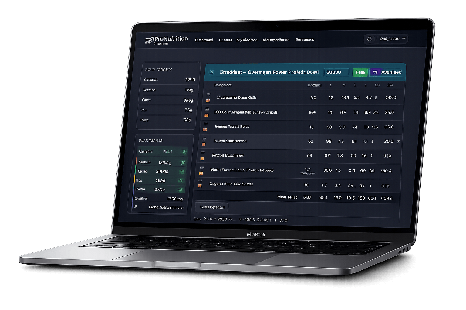 Pro Nutrition Planner meal planning software dashboard
